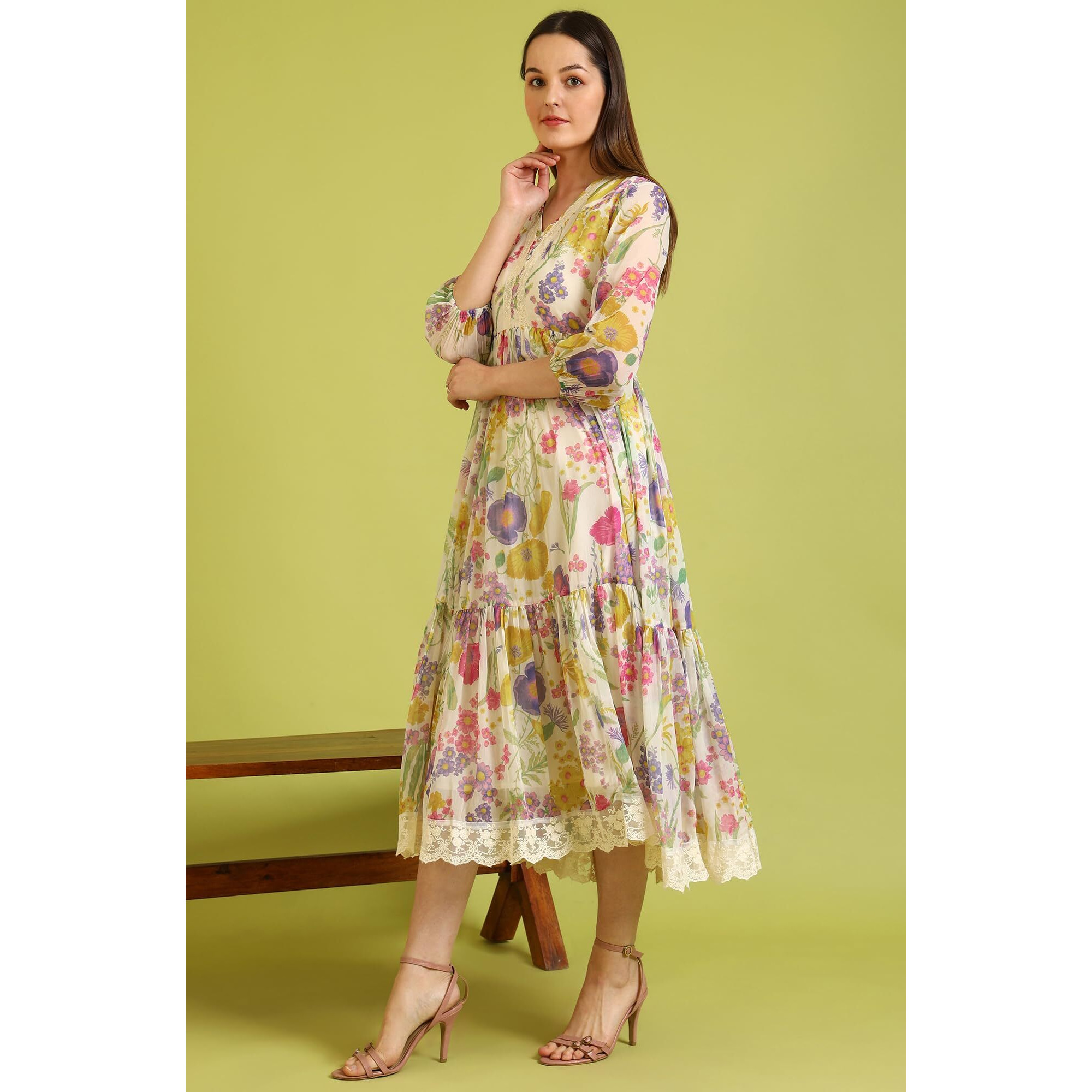 W For Woman Floral Printed Flared Polyester Dress (Size 2Xl)-W12396-125276 Cream