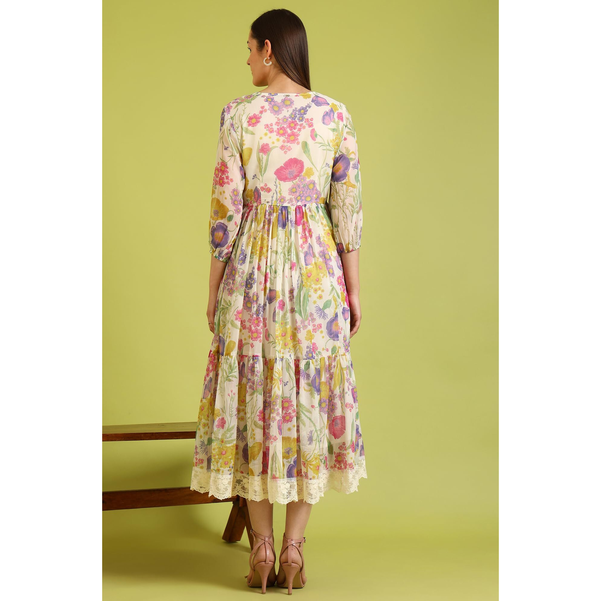 W For Woman Floral Printed Flared Polyester Dress (Size 2Xl)-W12396-125276 Cream