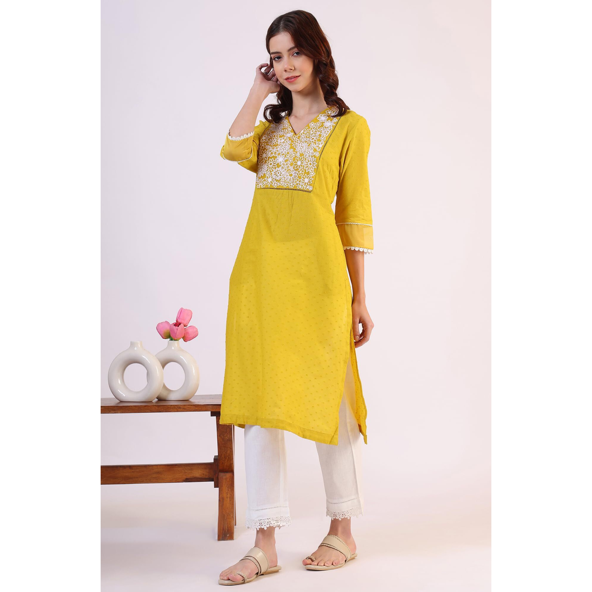 W For Woman Solid Straight Pure Cotton Kurta (Size S)-W12401-223191 Yellow