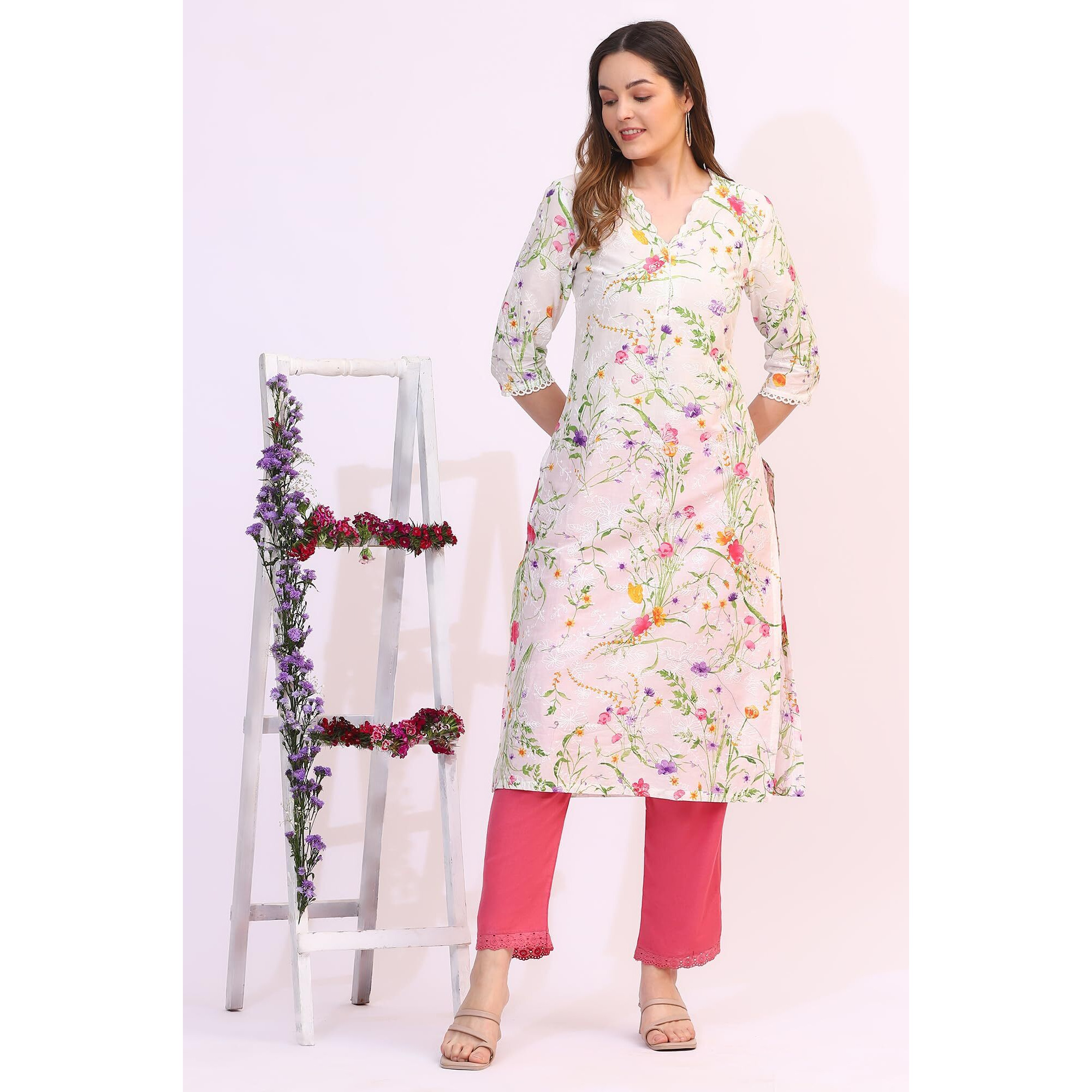 W For Woman White Floral Printed Textured Schiffli Embroidered Straight Kurta (SizeS)-W12556