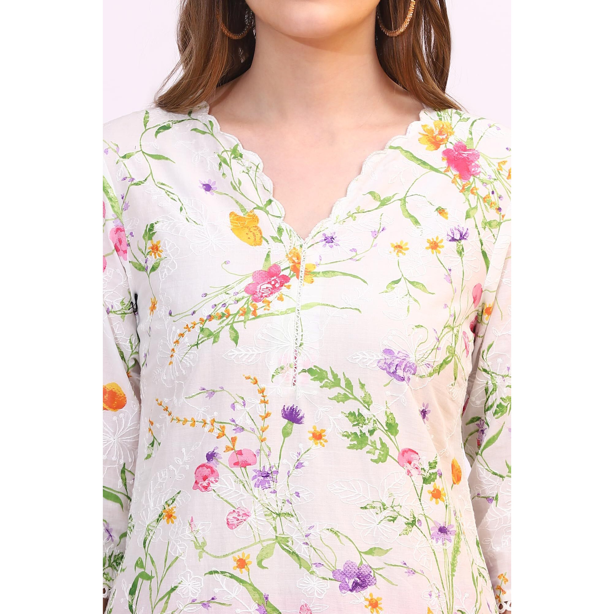 W For Woman White Floral Printed Textured Schiffli Embroidered Straight Kurta (SizeS)-W12556