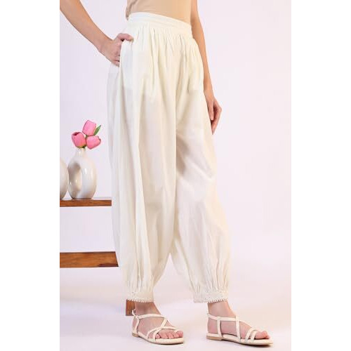 W For Woman Solid Pure Cotton Gathered Salwar (Size Xl)-W63150-218090 Ecru