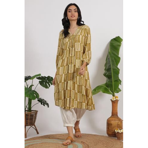 W For Woman Green Paisley Printed Cotton Crepe Gathered Kurta With Mirror Embroidery (Size L)-W12178-124725