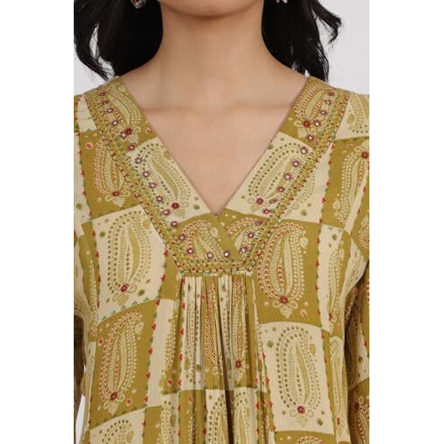 W For Woman Green Paisley Printed Cotton Crepe Gathered Kurta With Mirror Embroidery (Size L)-W12178-124725