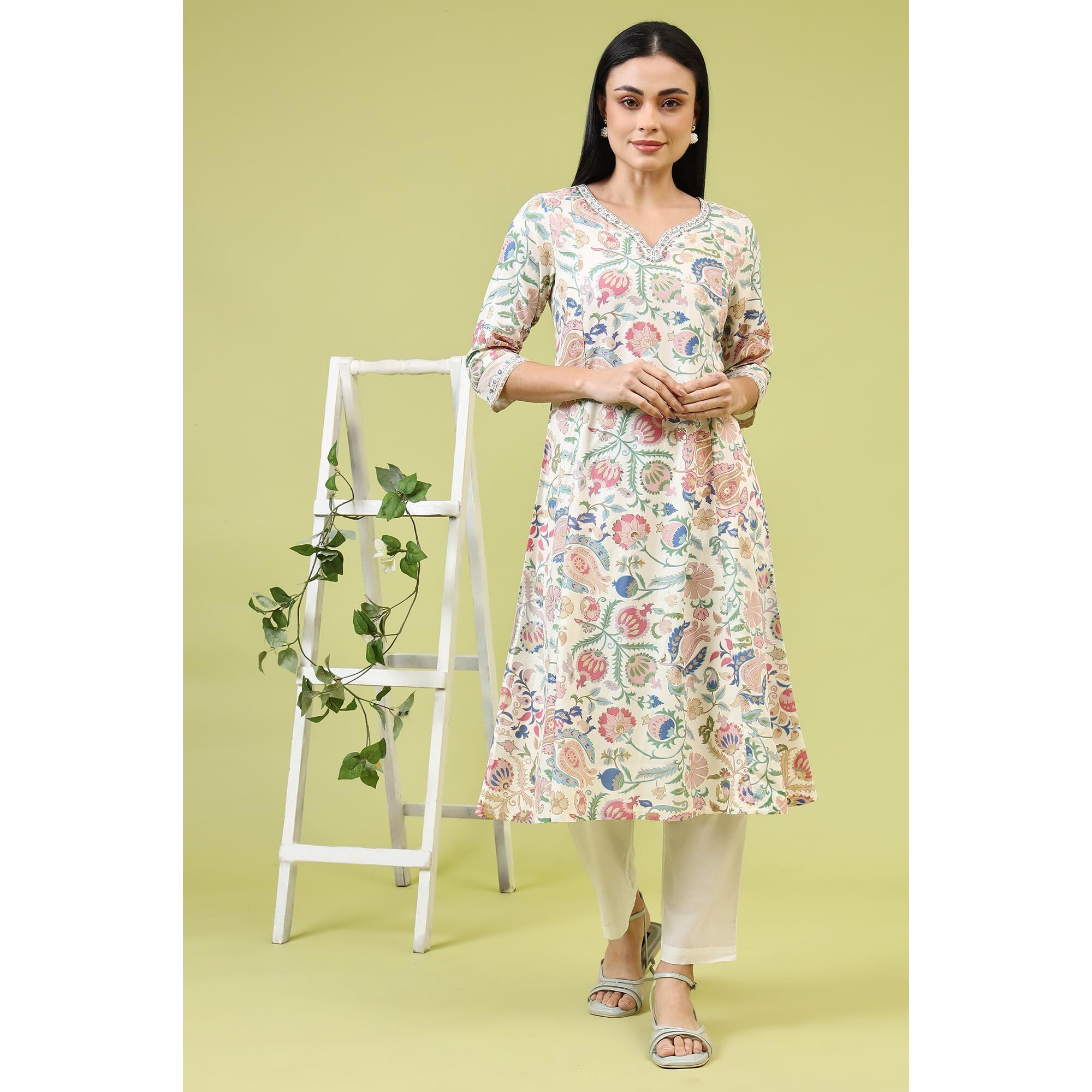 W For Woman White Chintz Floral Printed Rayon Straight Kurta With Sequins (SizeS)-W12257