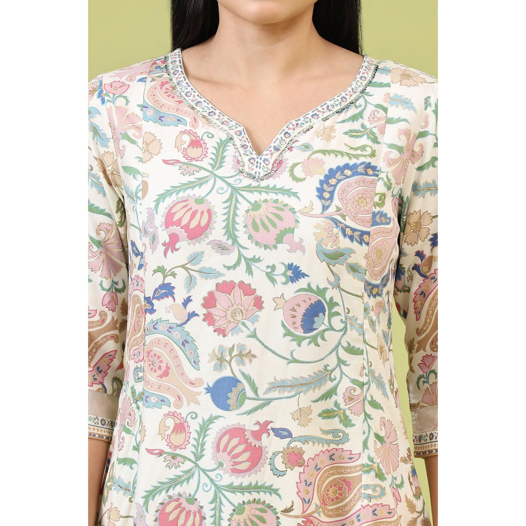 W For Woman White Chintz Floral Printed Rayon Straight Kurta With Sequins (SizeS)-W12257