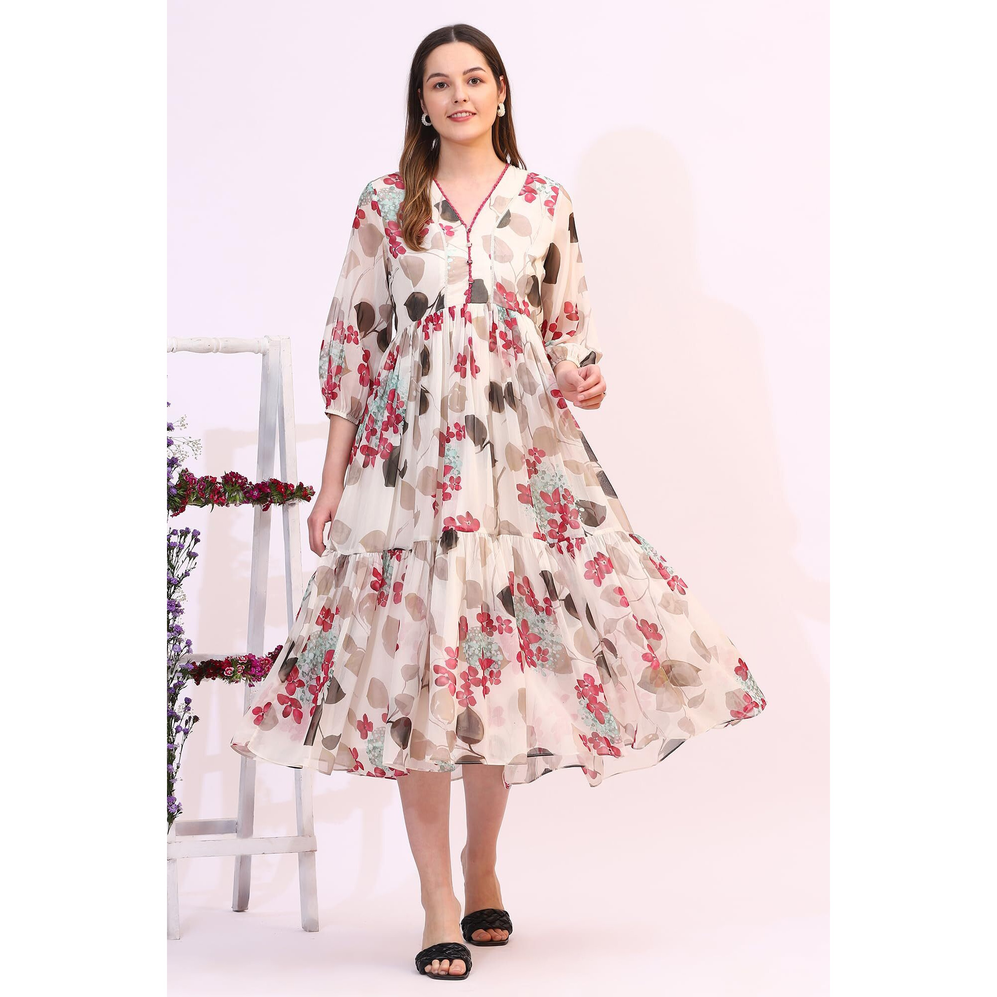 W For Woman Off White Bold Floral Printed Chiffon Tiered Dress (SizeXs)-W12245