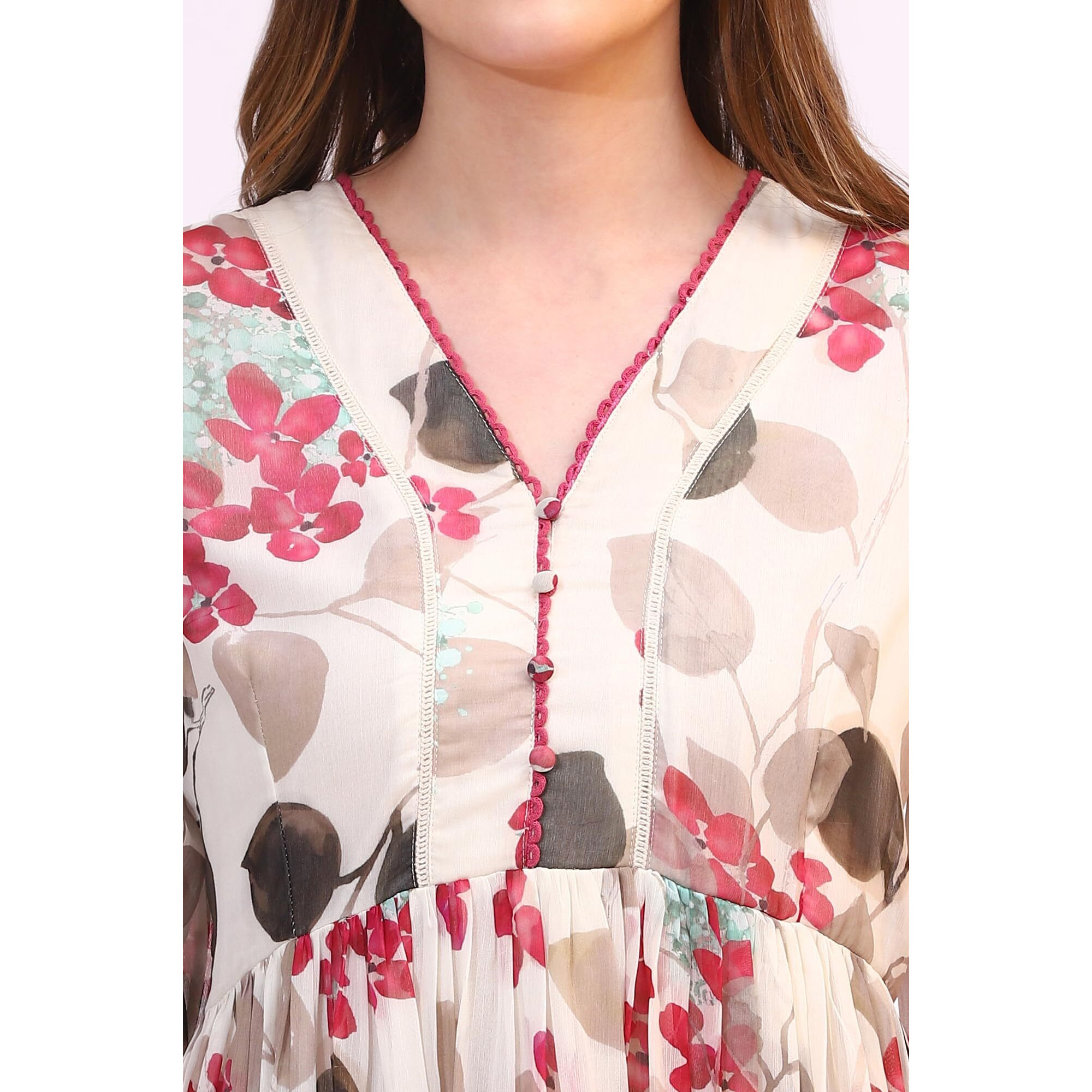 W For Woman Off White Bold Floral Printed Chiffon Tiered Dress (SizeXs)-W12245