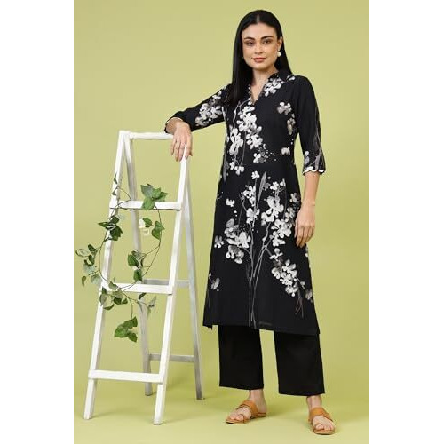 W For Woman Black Floral Printed Pure Cotton Straight Kurta (Size M)-W12231-125259