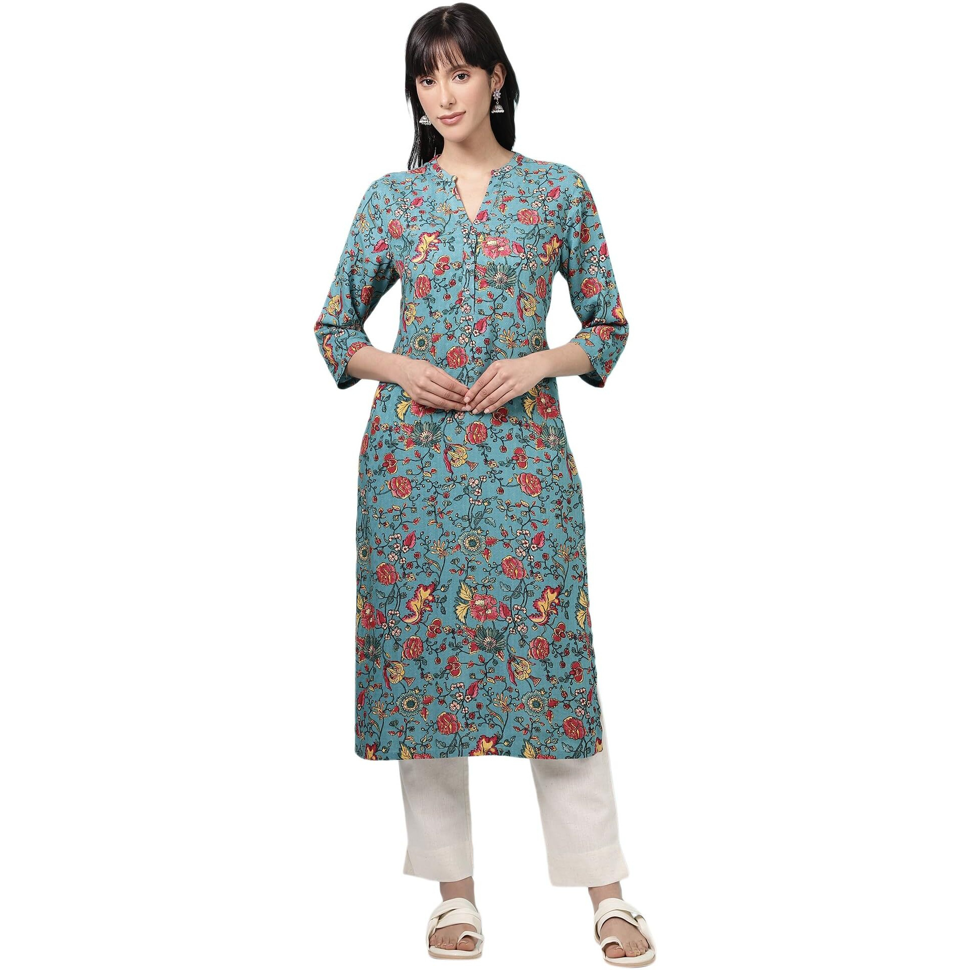 W For Woman Teal Blue Floral Printed Straight Kurta (Size Xl)-W12736-124313