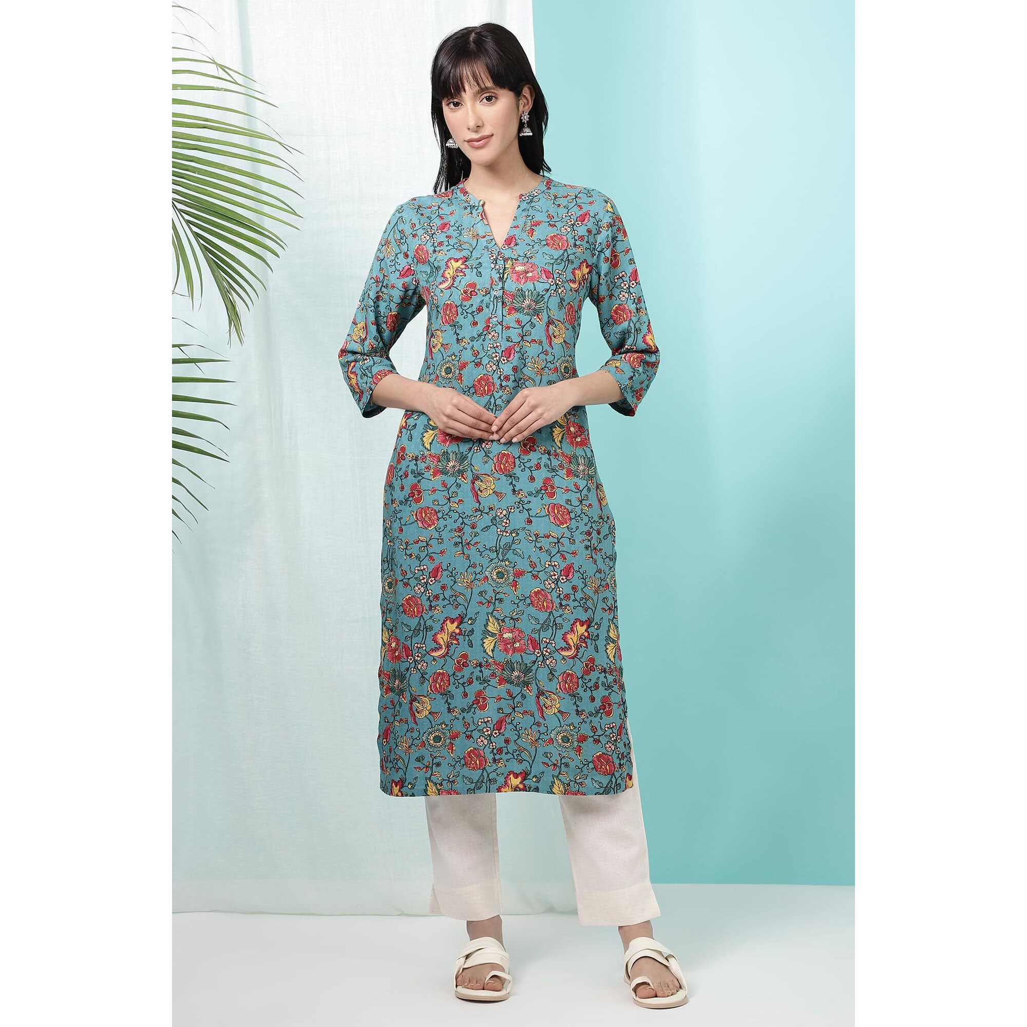 W For Woman Teal Blue Floral Printed Straight Kurta (Size Xl)-W12736-124313