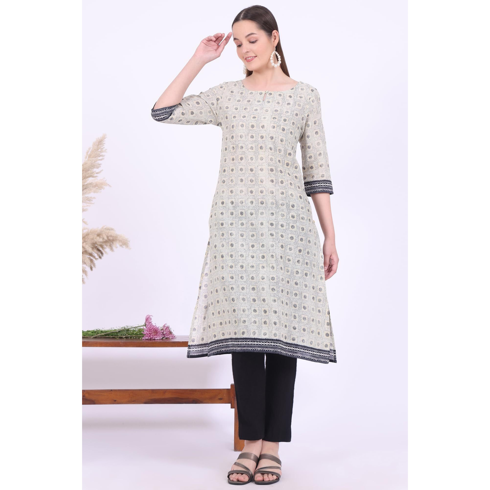 Aurelia Women's Beige Printed Modal Straight Kurta (Size M)-A15722-509255