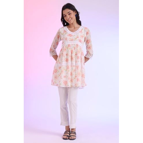 Aurelia Women's White Printed Straight Kurti (Size M)-A30518-509234