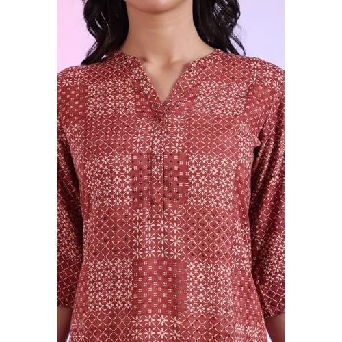 Aurelia Women's Brown Printed Pure Cotton Straight Kurti (Size L)-A30503-508832