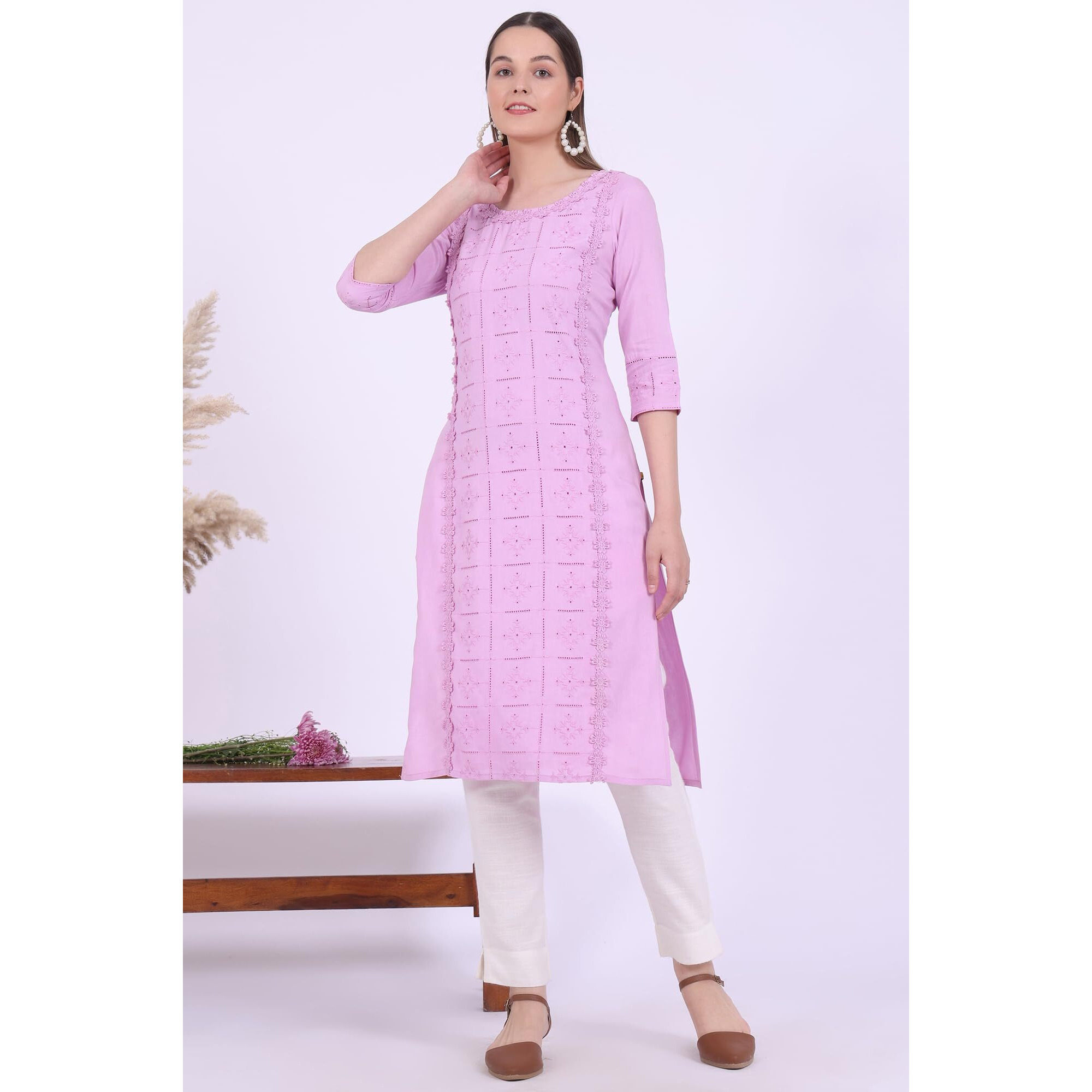 Aurelia Women's Purple Embroidered Straight Kurta (Size L)-A15784-E608391