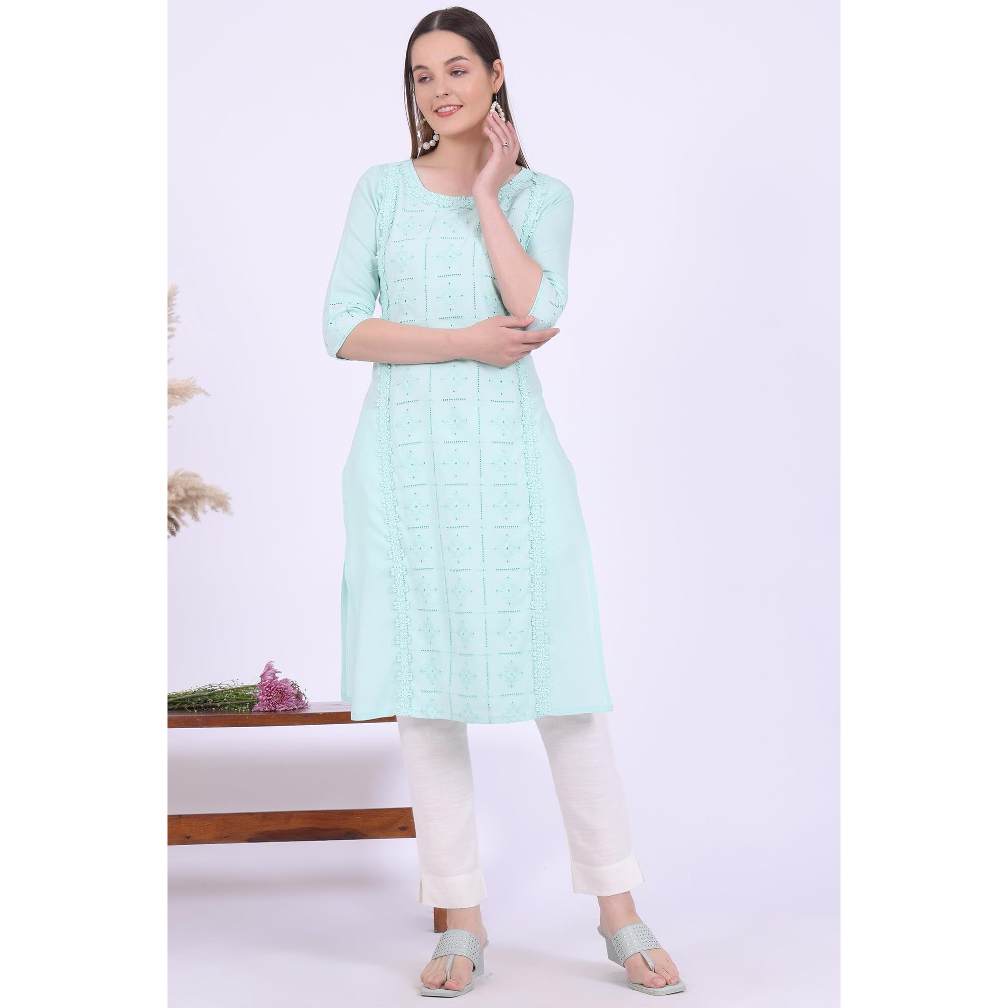 Aurelia Women's Green Embroidered Straight Kurta (Size Xs)-A15784-E608024