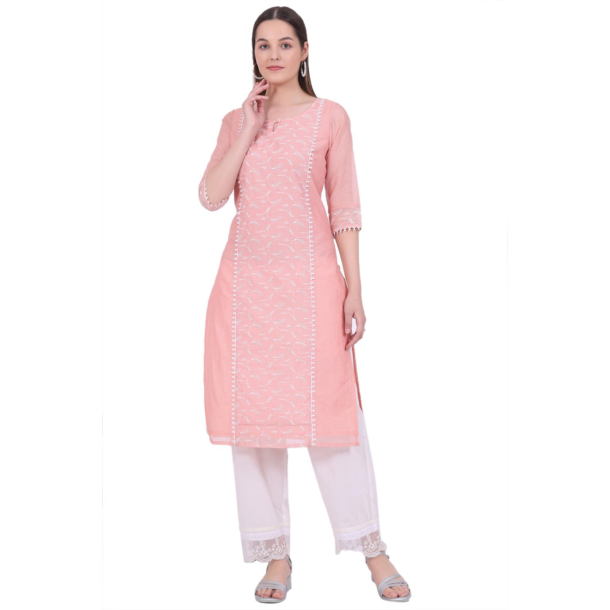 Aurelia Women's Orange Embroidered Cotton Blend Straight Kurta (Size L)-A15829-E608027