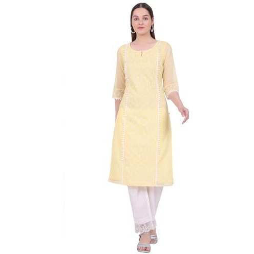 Aurelia Women's Yellow Embroidered Cotton Blend Straight Kurta (Size L)-A15829-E608308
