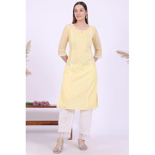 Aurelia Women's Yellow Embroidered Cotton Blend Straight Kurta (Size L)-A15829-E608308