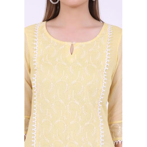 Aurelia Women's Yellow Embroidered Cotton Blend Straight Kurta (Size L)-A15829-E608308