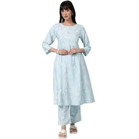 W For Woman Sky Blue Floral Printed A-Line Kurta And Pants Co-Ord Set (Size Xl)-Ws12755-125518