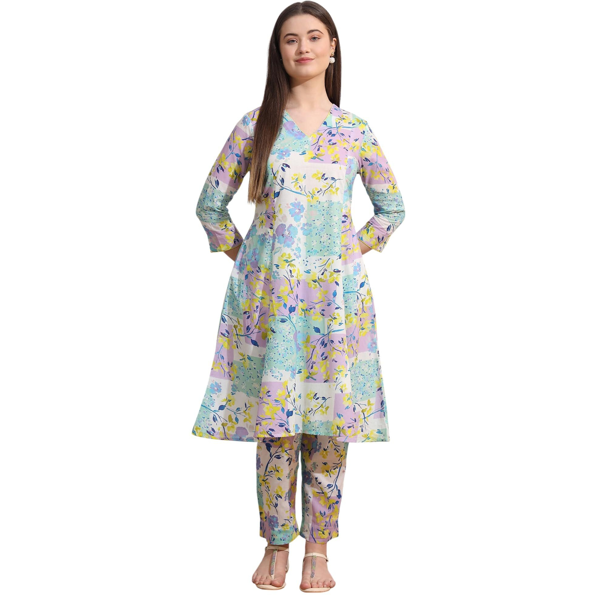 W For Woman White Floral Printed Flared Pure Cotton Kurta And Pants Co-Ord Set (Size Xl)-Ws12662-125343