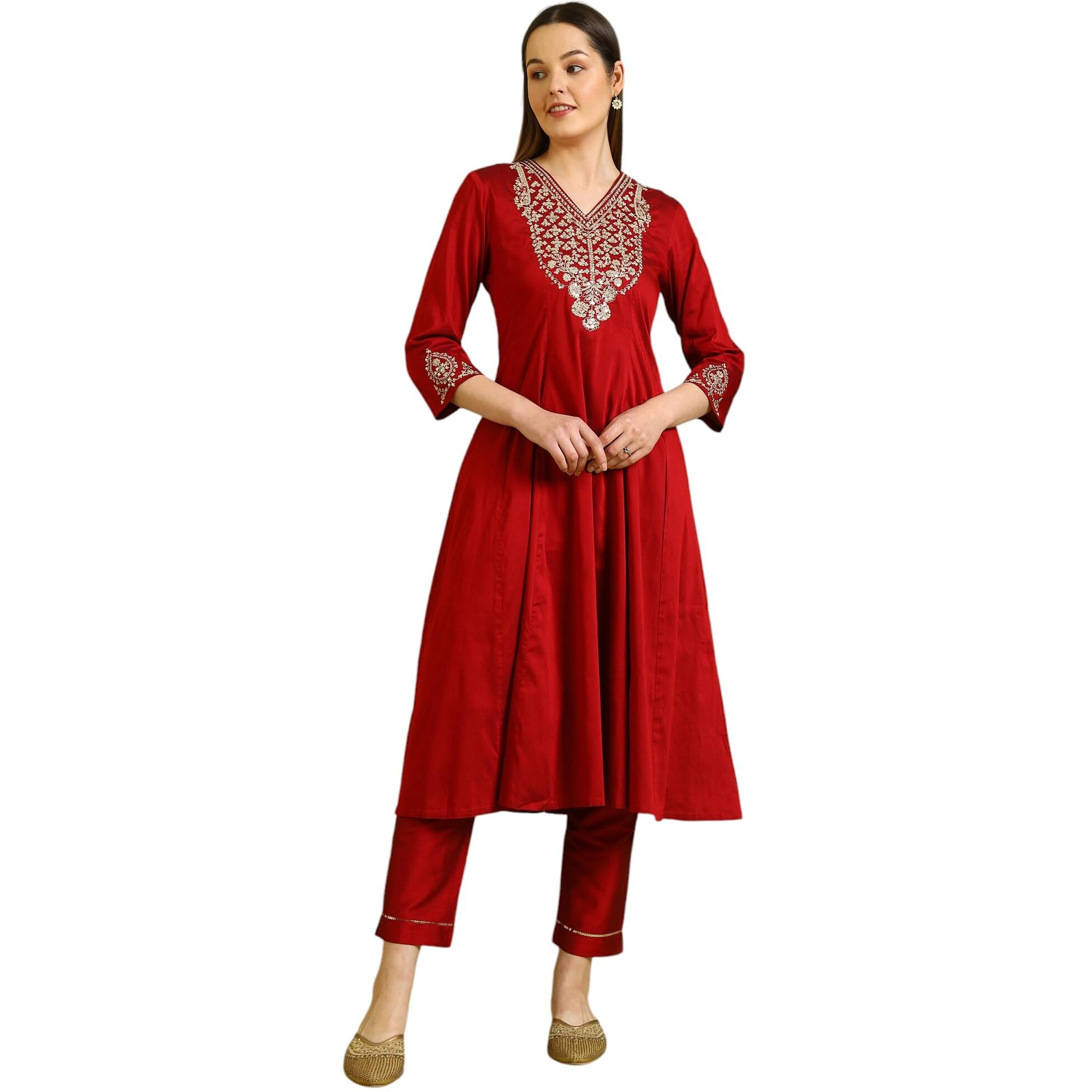 W For Woman Dark Red Solid Metallic Emnbroidery Anarkali Kurta (Size Xl)-W10451-221086