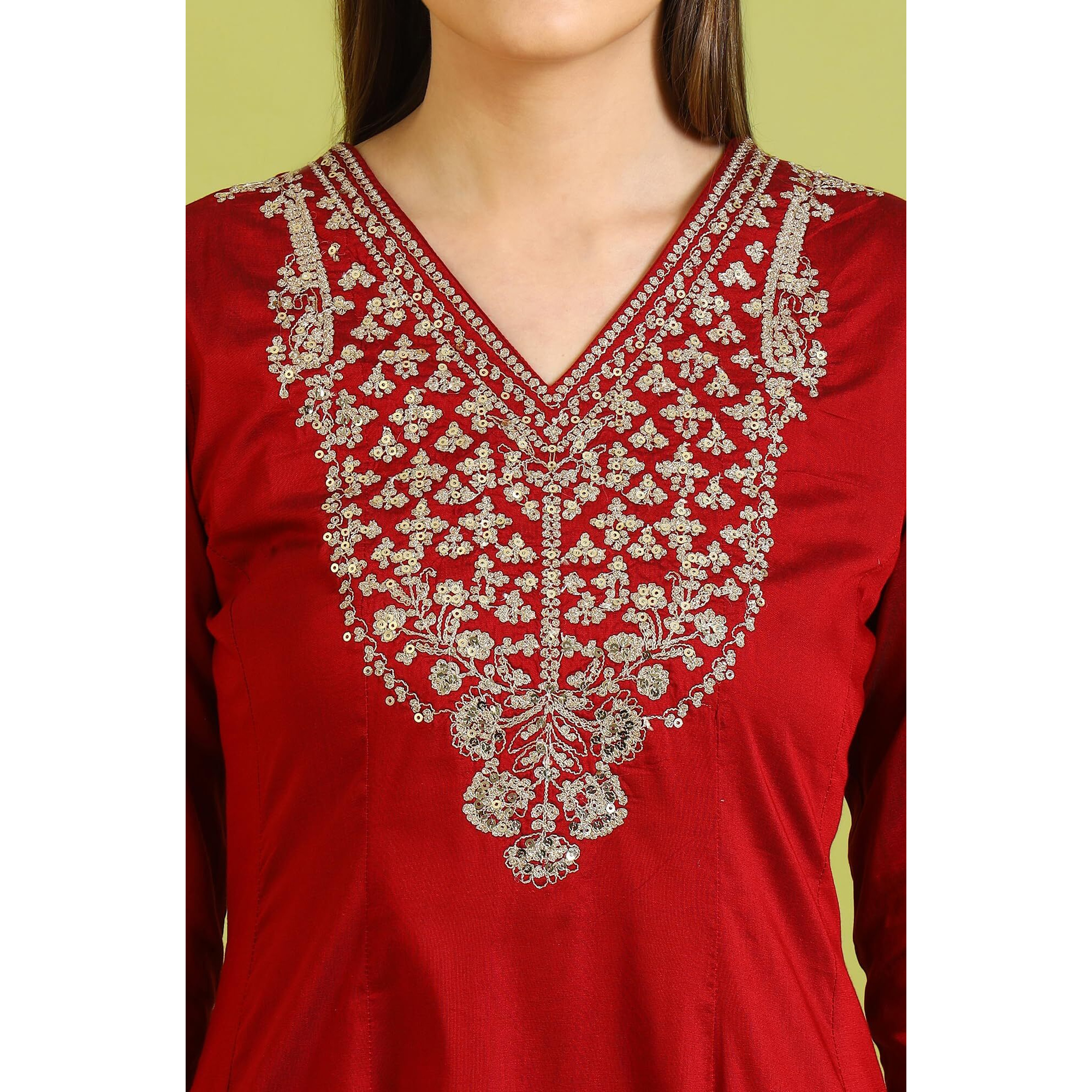 W For Woman Dark Red Solid Metallic Emnbroidery Anarkali Kurta (Size 3Xl)-W10451-221086