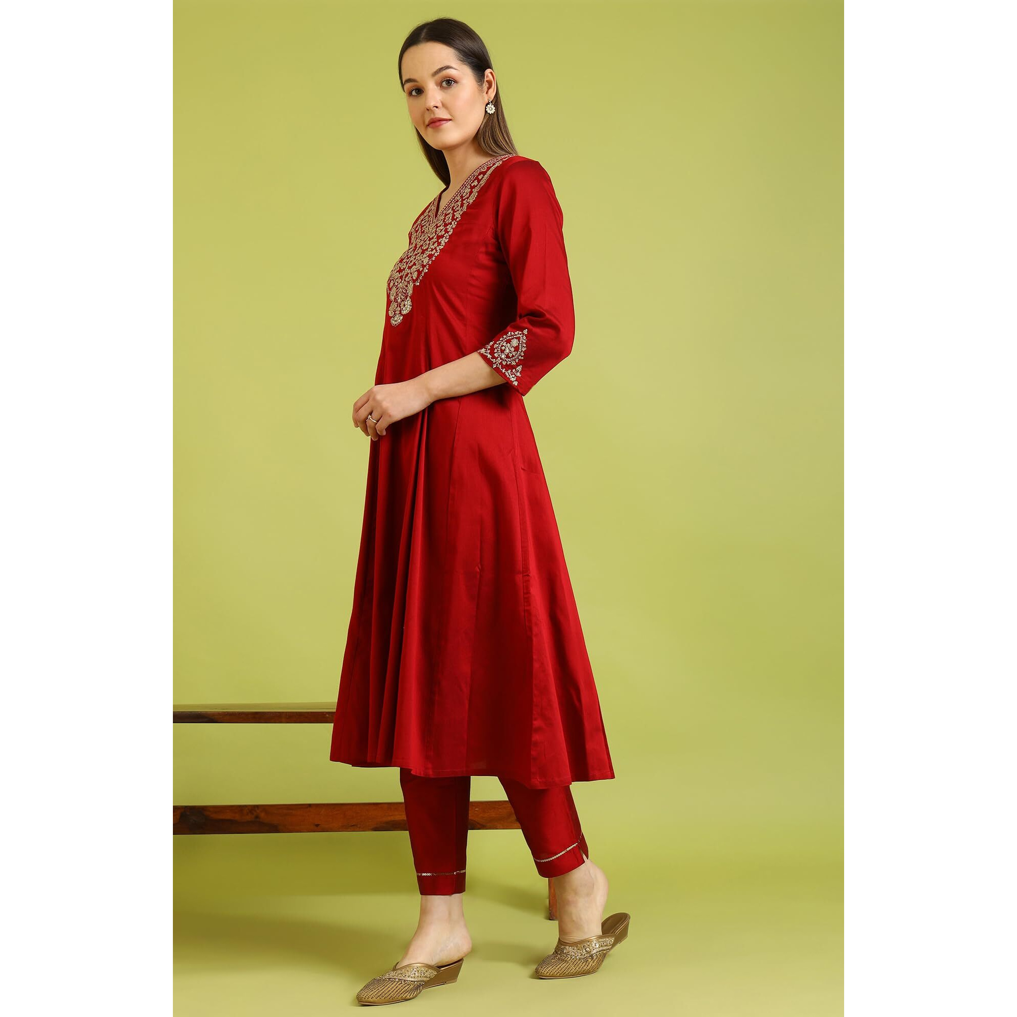 W For Woman Dark Red Solid Metallic Emnbroidery Anarkali Kurta (Size 3Xl)-W10451-221086
