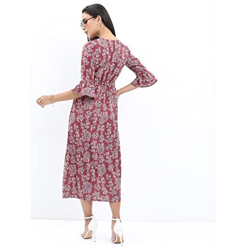 Ketch Women's Polyester Classic Calf Length Casual Dress (Khj6000096 Red