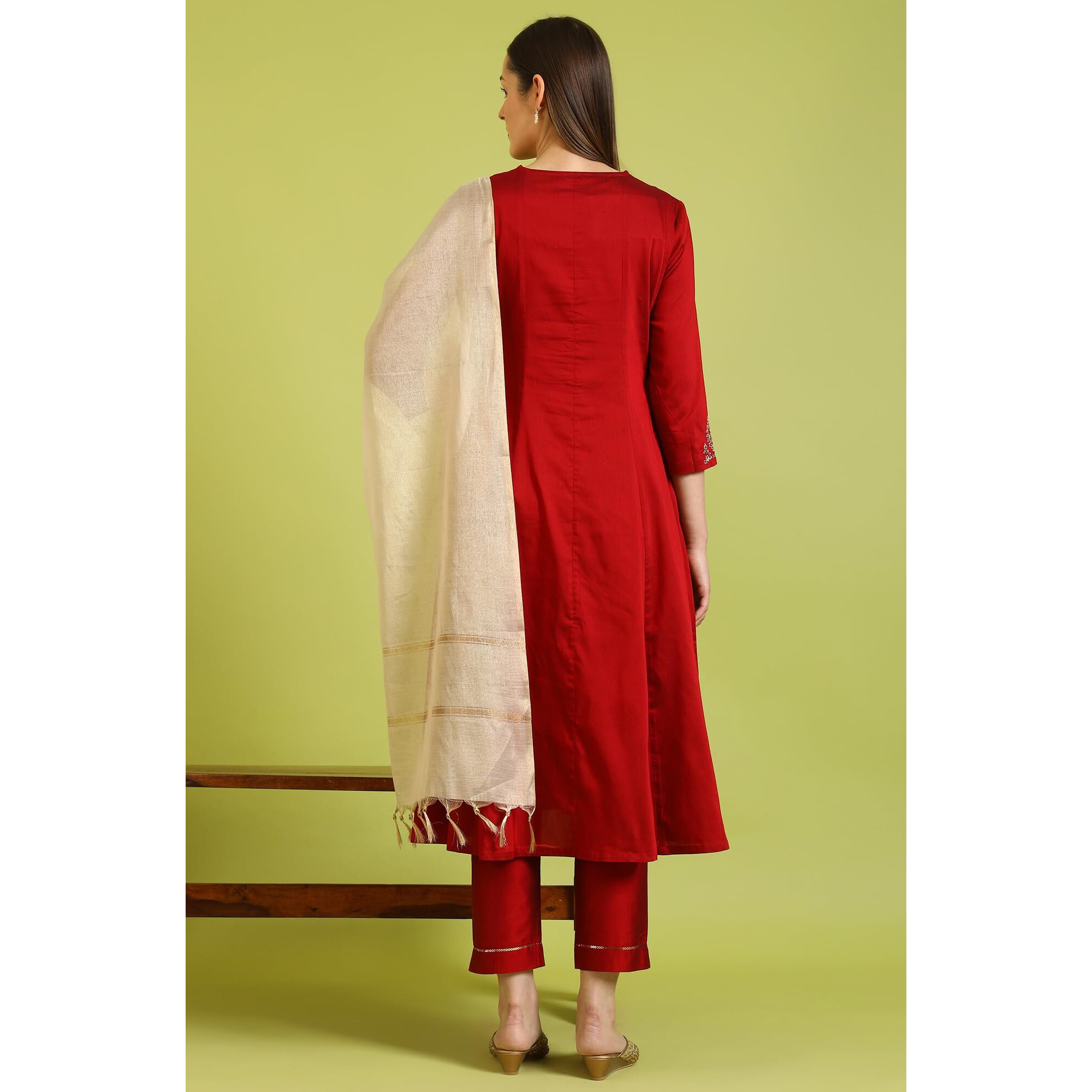 W For Woman Dark Red Solid Metallic Emnbroidery Anarkali Kurta, Pants And Dupatta Set (Size M)-Ws10451-221086
