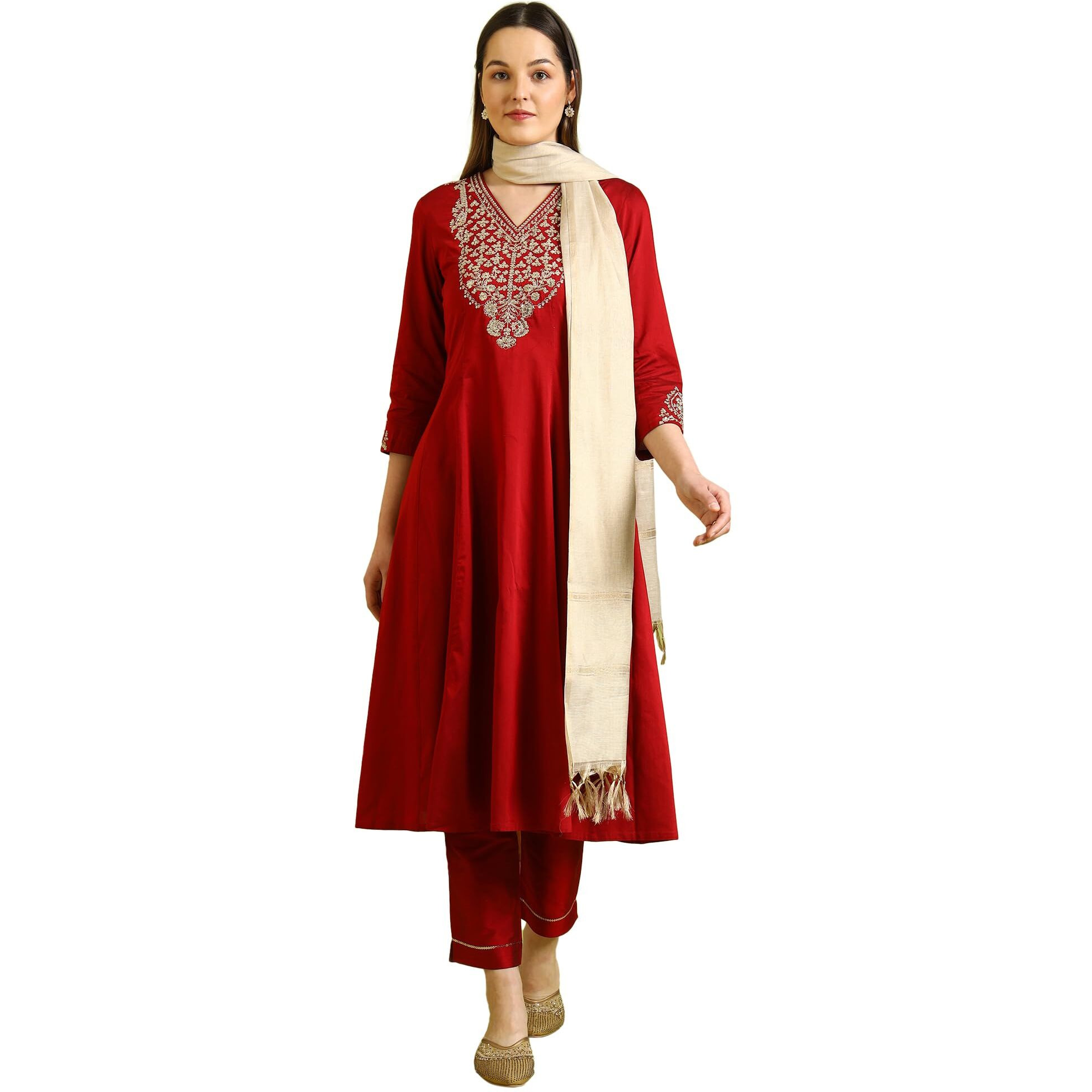 W For Woman Dark Red Solid Metallic Emnbroidery Anarkali Kurta, Pants And Dupatta Set (Size Xl)-Ws10451-221086