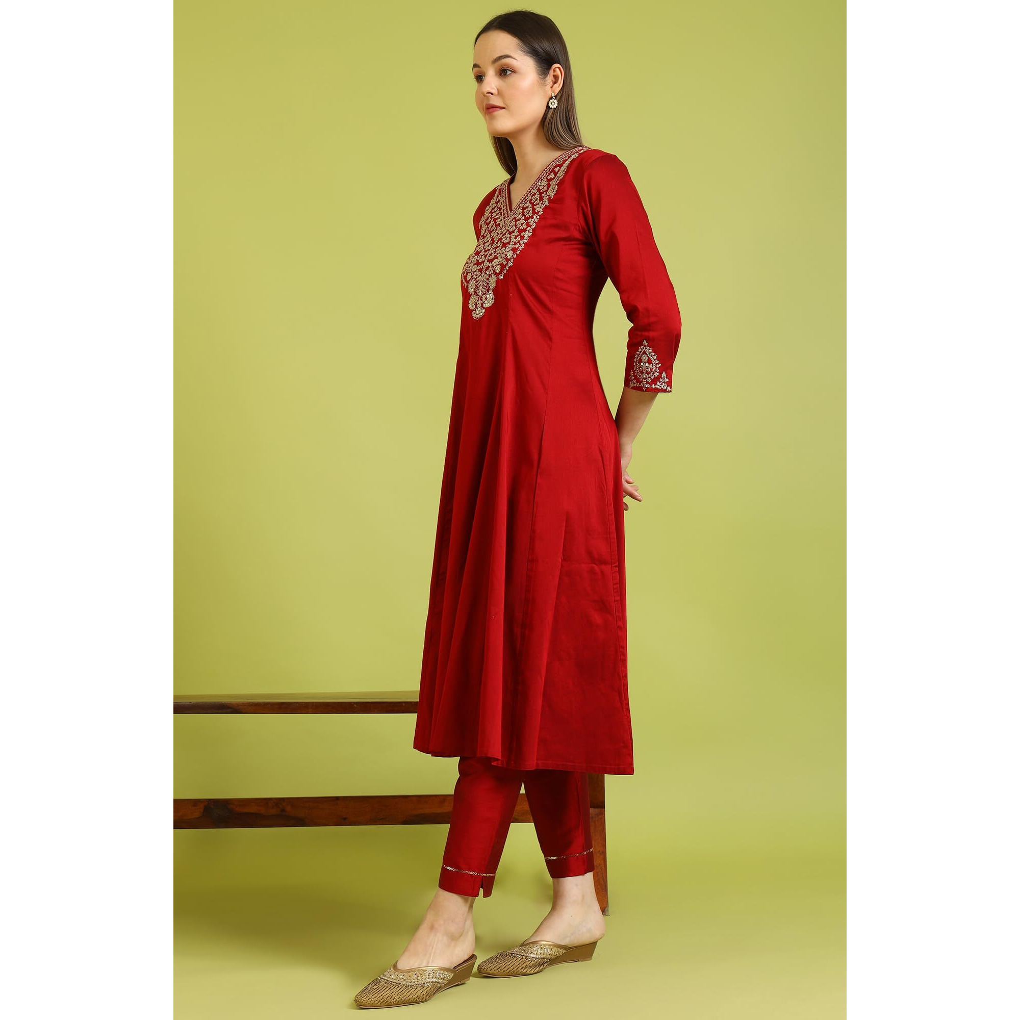W For Woman Dark Red Solid Metallic Emnbroidery Anarkali Kurta, Pants And Dupatta Set (Size Xl)-Ws10451-221086