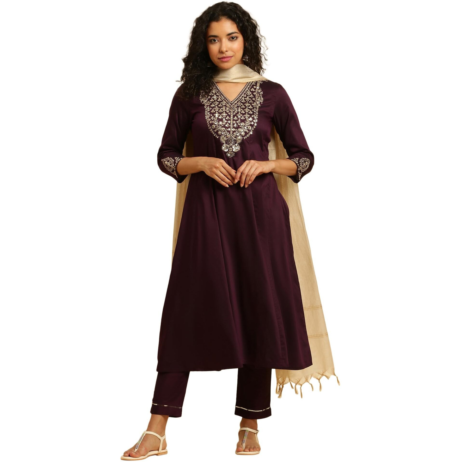 W For Woman Purple Panelled Embroidered Kurta, Slim Pants And Dupatta Set (Size L)-Ws10451-221088