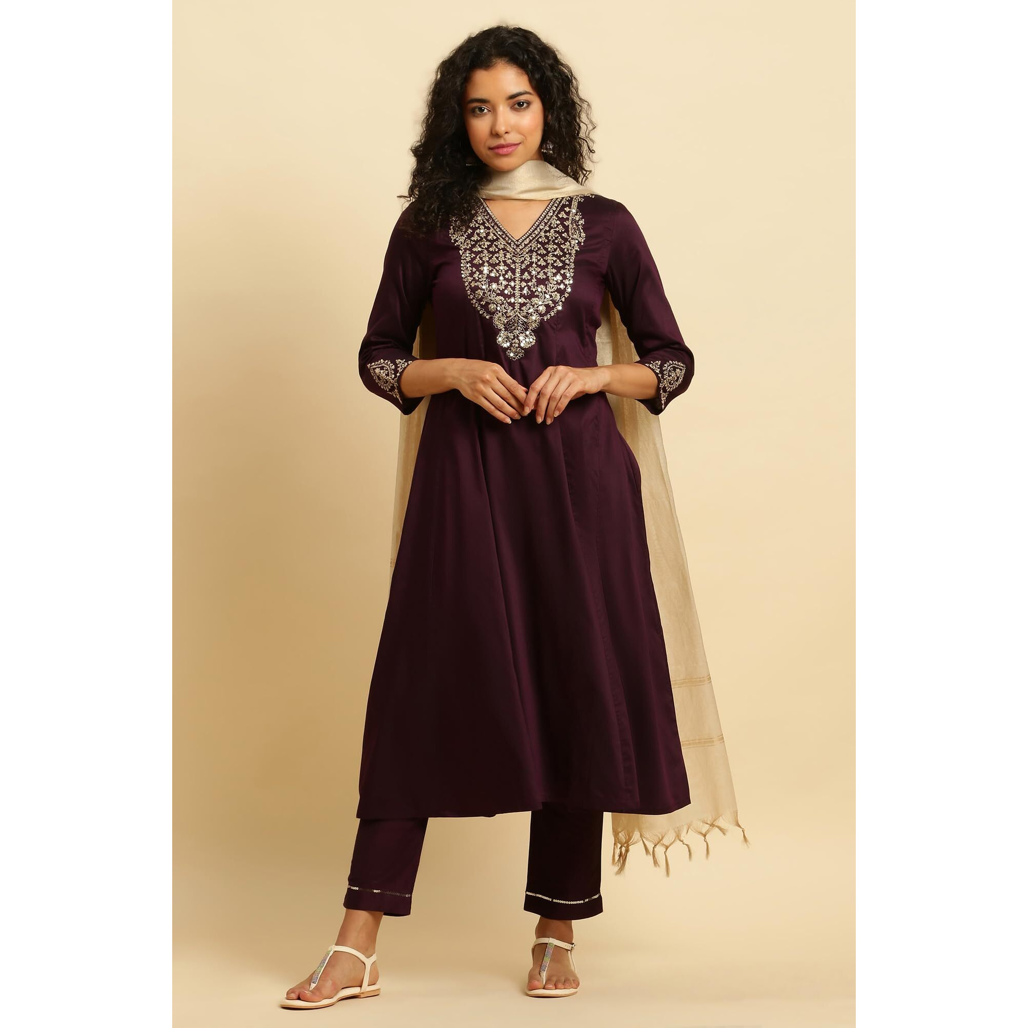 W For Woman Purple Panelled Embroidered Kurta, Slim Pants And Dupatta Set (Size L)-Ws10451-221088