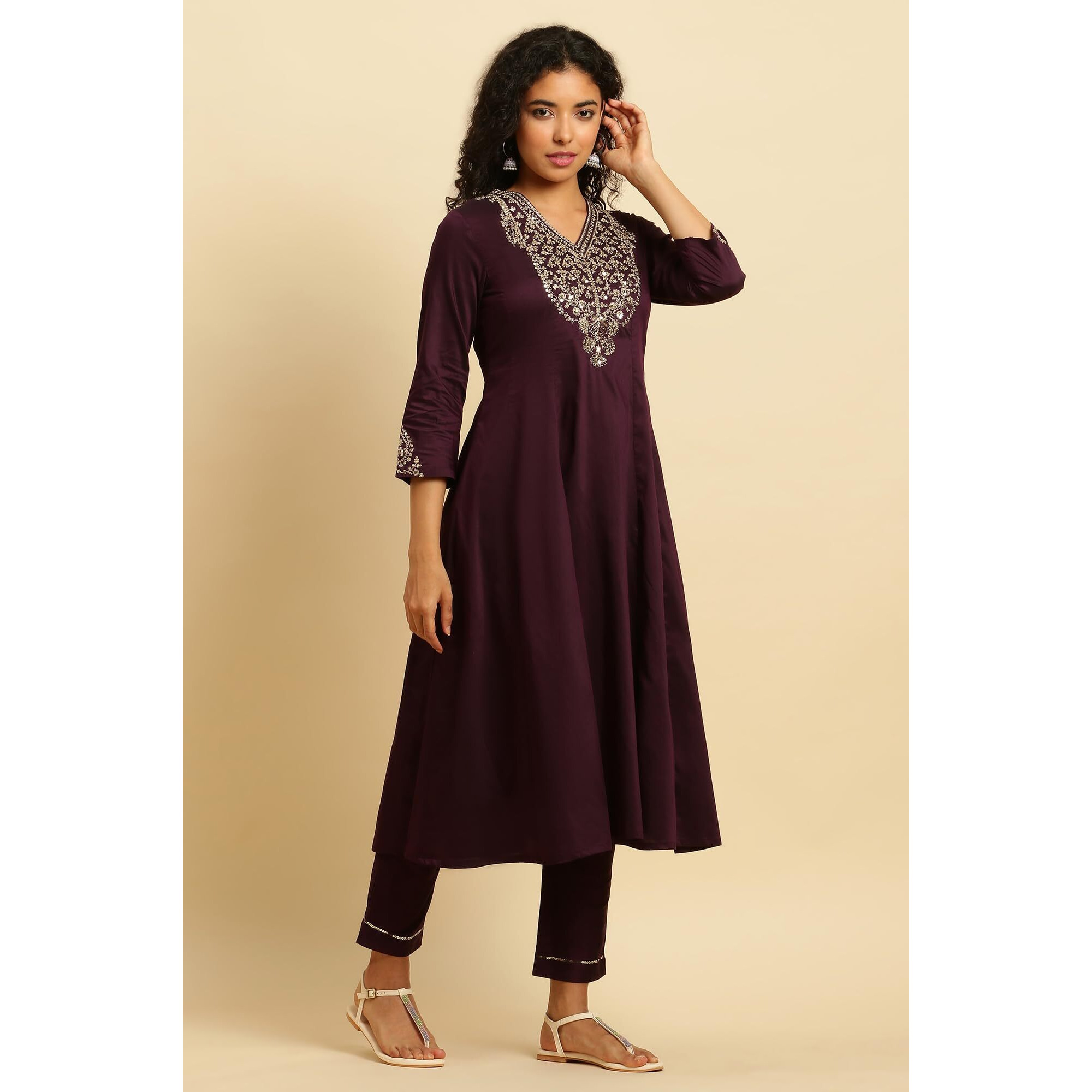 W For Woman Purple Panelled Embroidered Kurta, Slim Pants And Dupatta Set (Size L)-Ws10451-221088