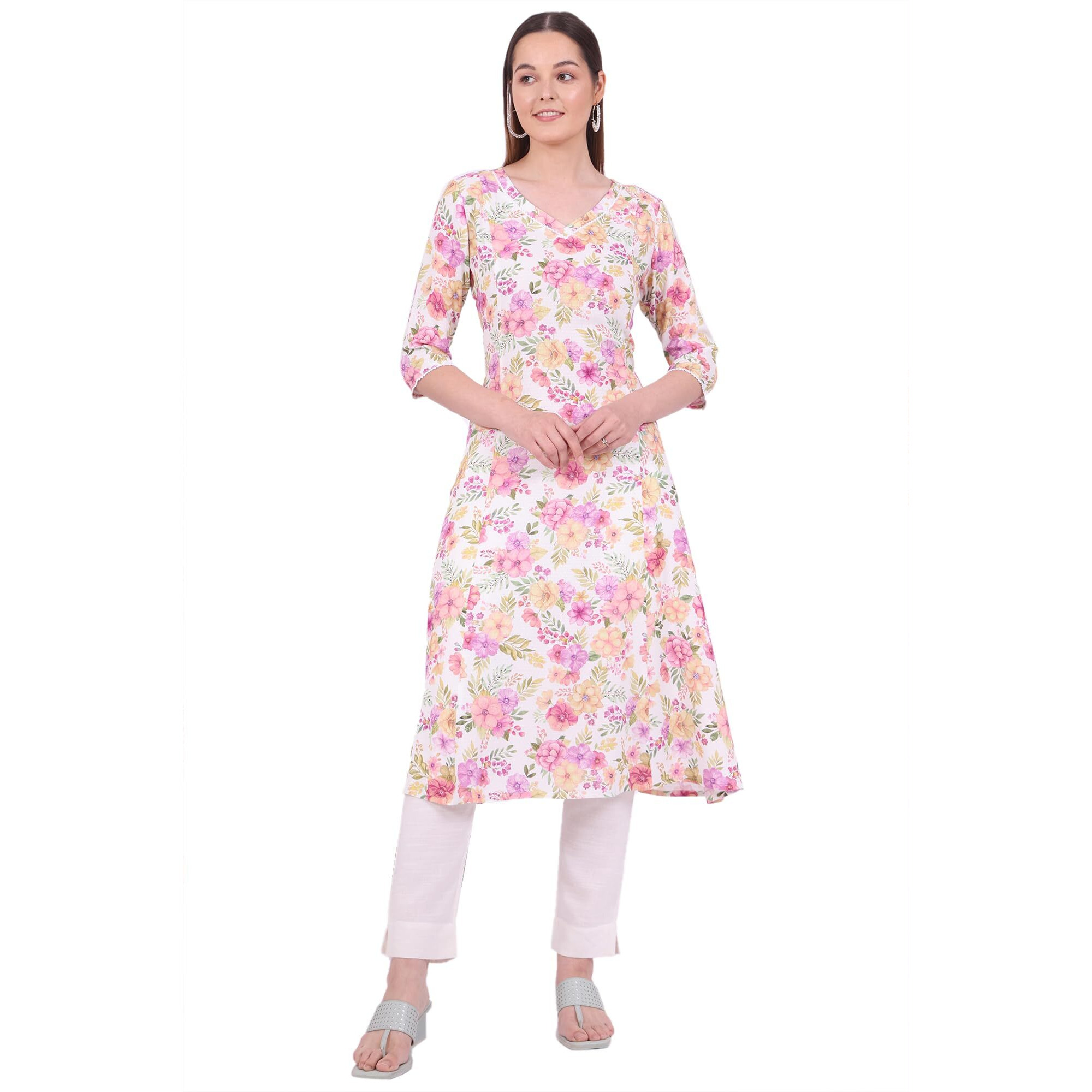 Aurelia Women's Multicolour Printed Rayon A-Line Kurta (Size S)-A15692-509226