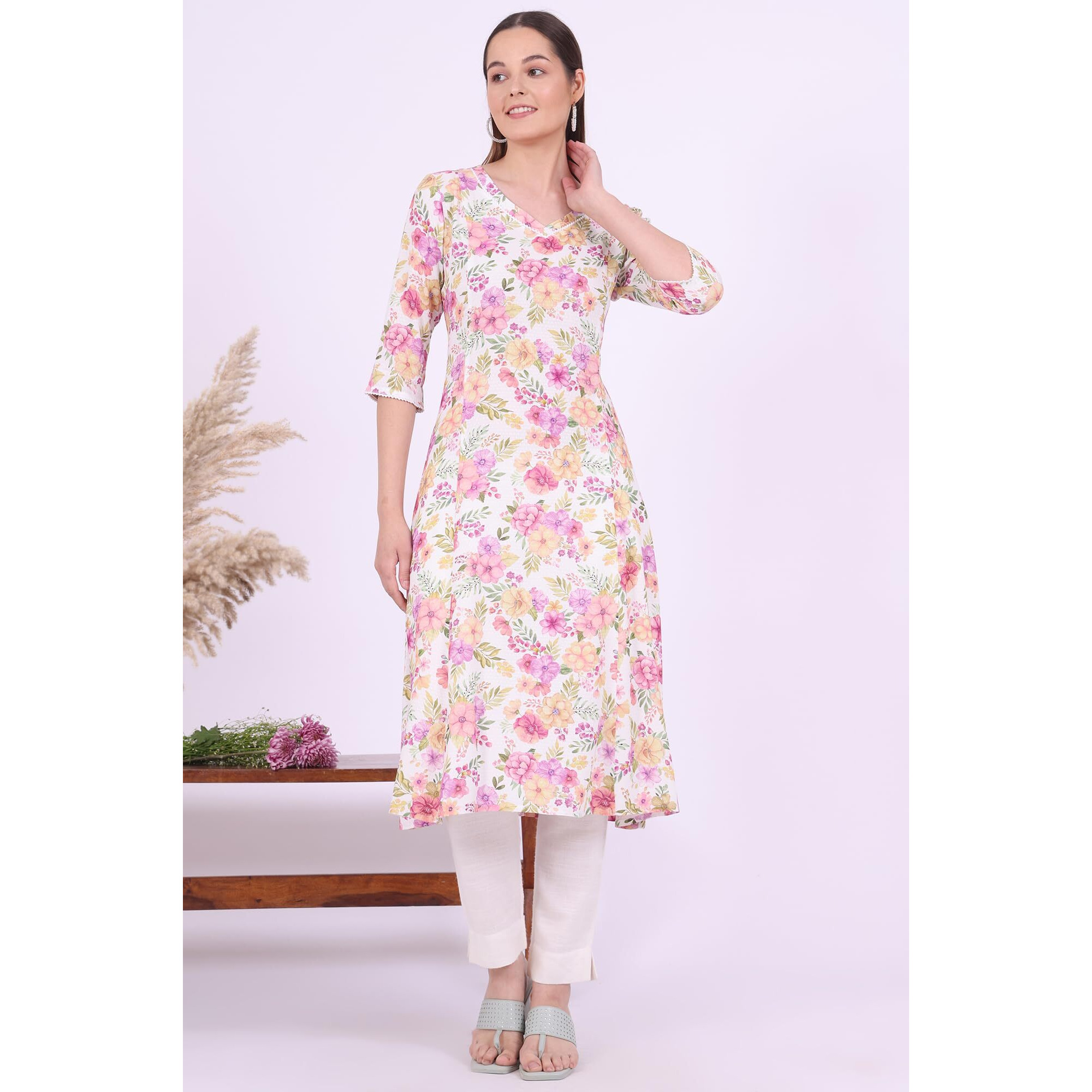Aurelia Women's Multicolour Printed Rayon A-Line Kurta (Size S)-A15692-509226