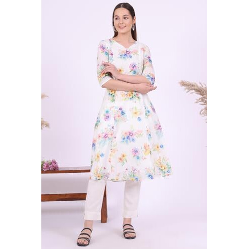 Aurelia Women's White Printed Pure Cotton A-Line Kurta (Size 2Xl)-A15679-508908