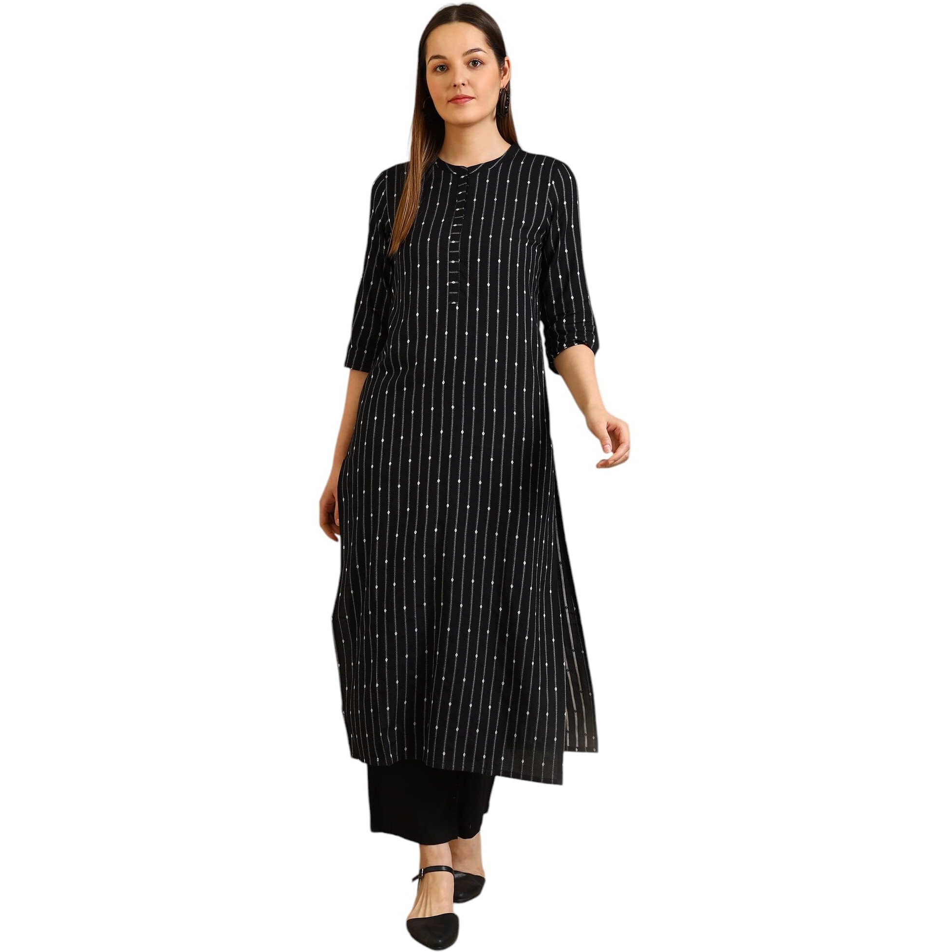 Aurelia Women's Black Yarn Dyed Striped Straight Kurta (Size L)-A15791-701933