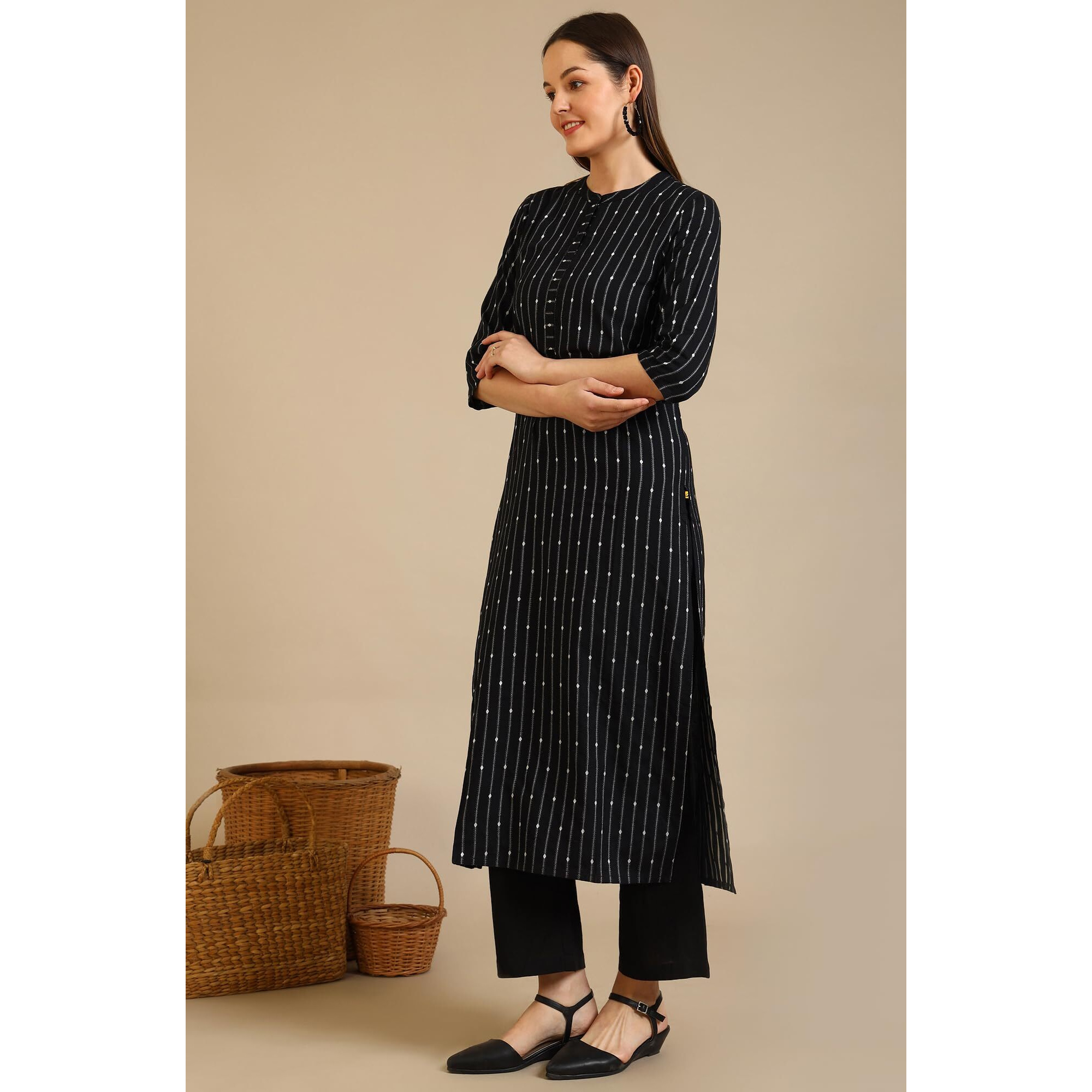 Aurelia Women's Black Yarn Dyed Striped Straight Kurta (Size L)-A15791-701933