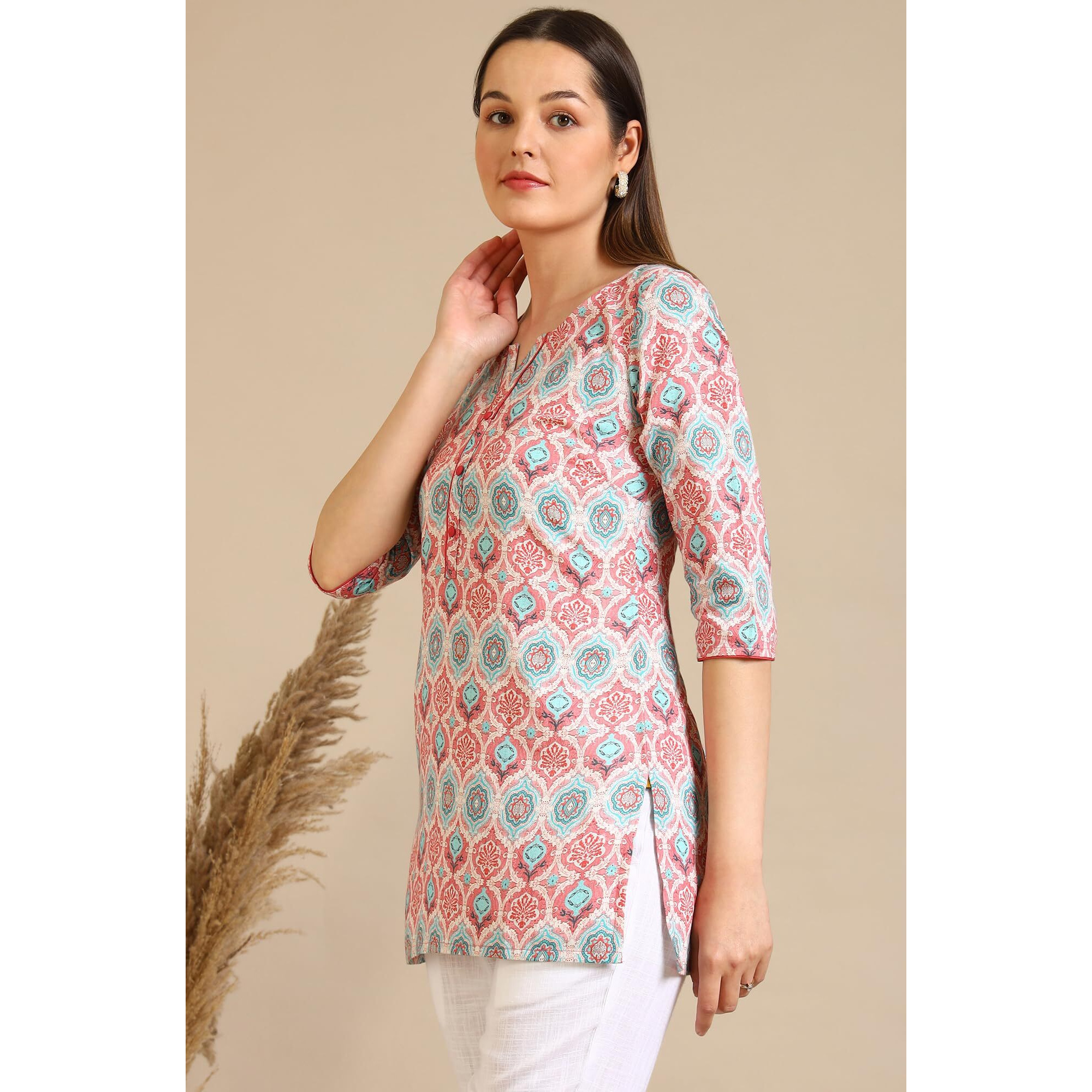 Aurelia Women's Pink Abstract Printed Pure Cotton Straight Kurta (Size L)-A30553-507438