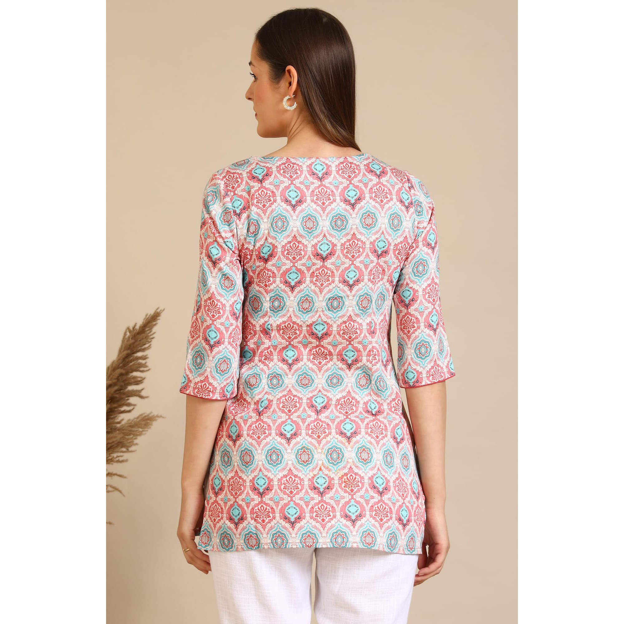 Aurelia Women's Pink Abstract Printed Pure Cotton Straight Kurta (Size L)-A30553-507438