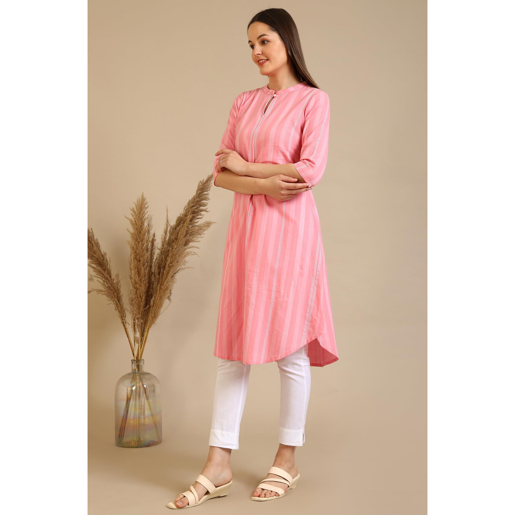 Aurelia Women's Pink Stripe Pure Cotton A-Line Kurta (Size Xs)-A15790-701991