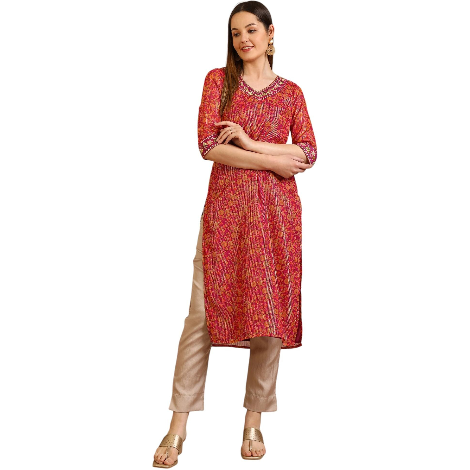 Aurelia Women's Purple Floral Printed Georgette Lurex Straight Kurta (Size L)-A15797-507522