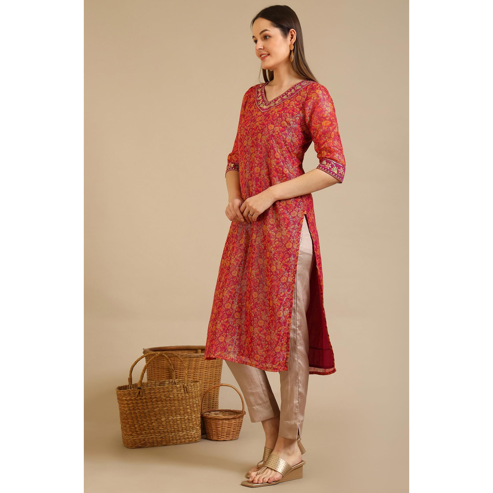 Aurelia Women's Purple Floral Printed Georgette Lurex Straight Kurta (Size L)-A15797-507522