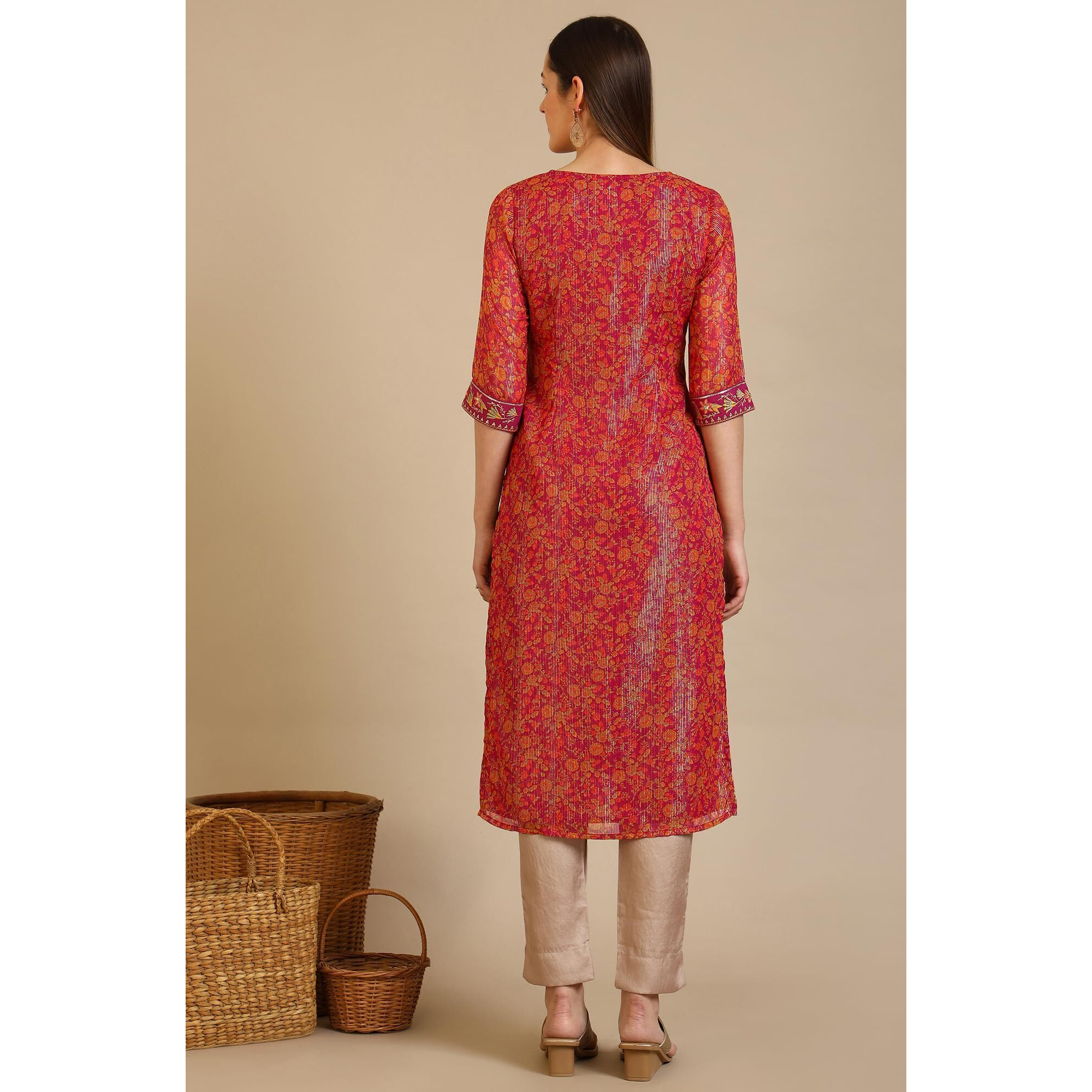 Aurelia Women's Purple Floral Printed Georgette Lurex Straight Kurta (Size L)-A15797-507522