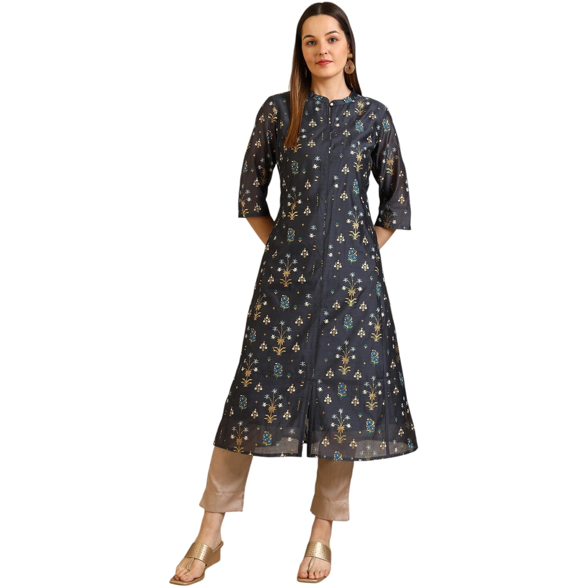 Aurelia Women's Grey Floral Printed A-Line Chanderi Kurta (Size Xs)-A15789-502464