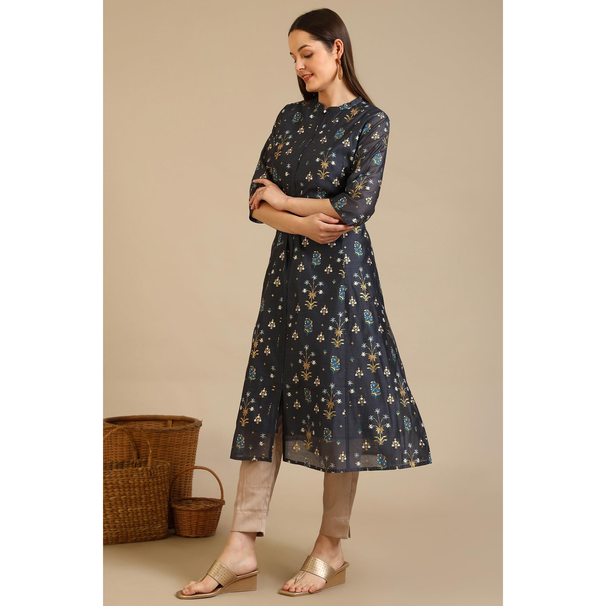 Aurelia Women's Grey Floral Printed A-Line Chanderi Kurta (Size Xs)-A15789-502464