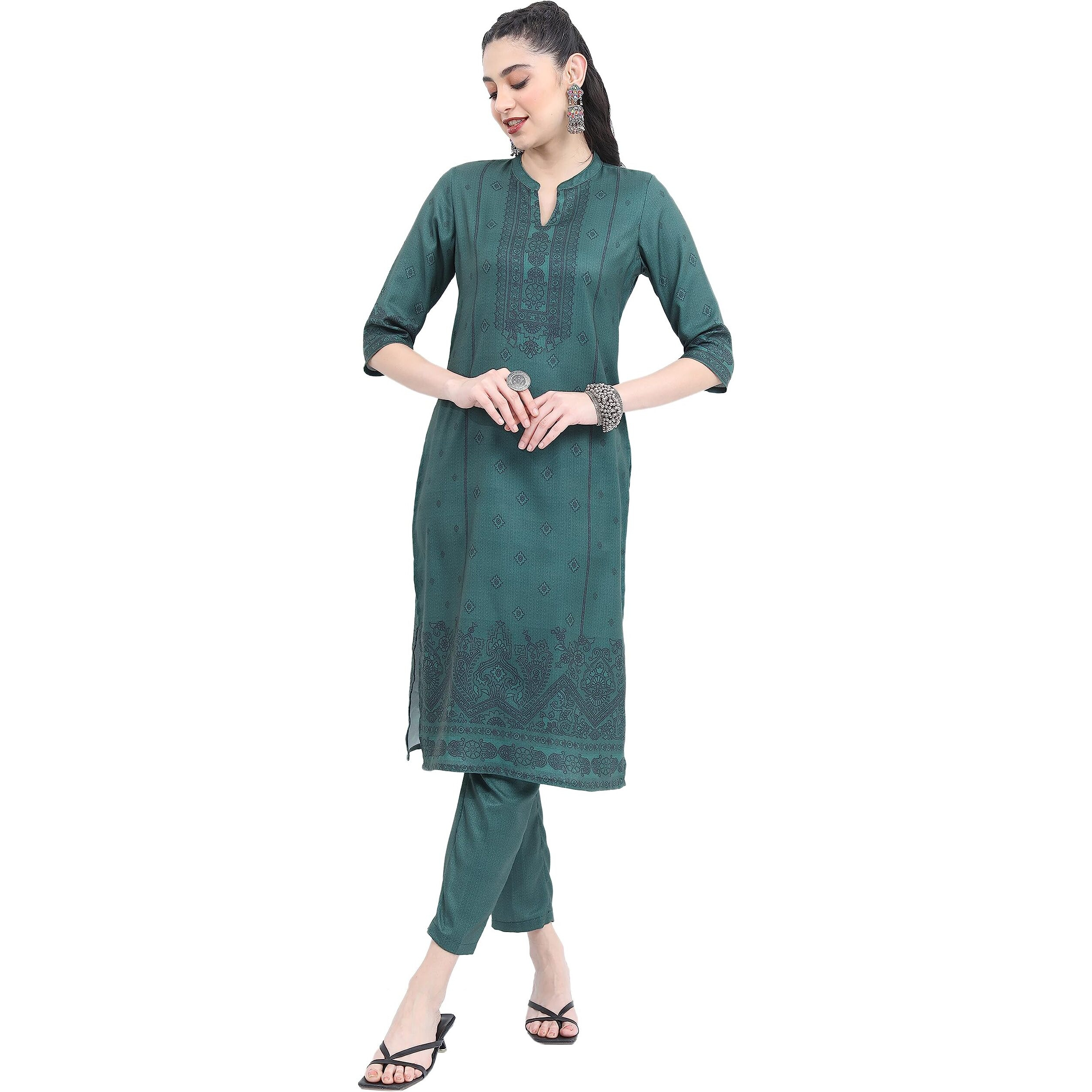 Ketch Women's Polyester Ethnic Set (Khk3000465_Green_Xl)